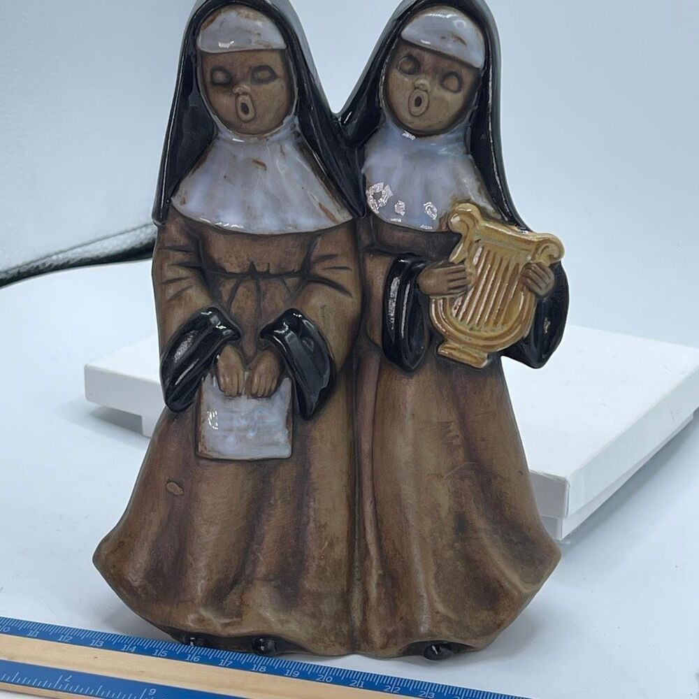 Vintage Ceramic Lefton Era Singing Nuns. Holding harp & songbook